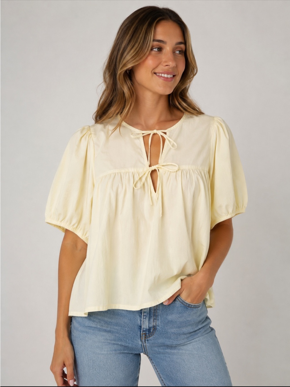 Habitual Pale Yellow Tie-Neck Puff Sleeve Blouse